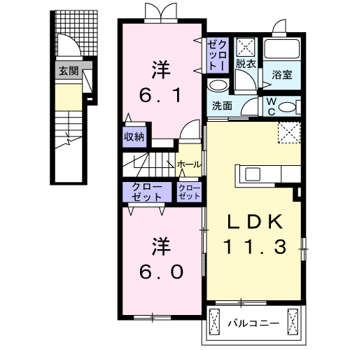 ゼファー川原崎　2LDK間取・配置図