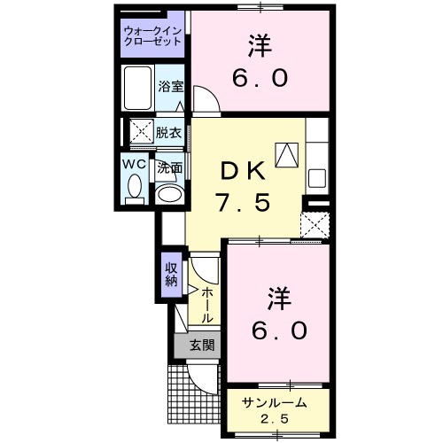 ラコルトC　2DK・・・102号室間取・配置図