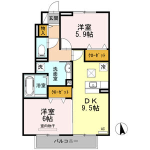 ヴィラコートJ2　(2DK）間取・配置図