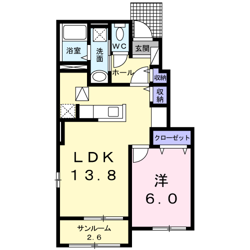 ゼファー川原崎　1LDK・・・104号室間取・配置図
