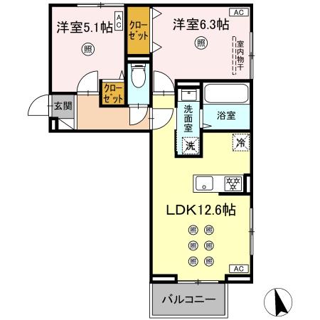 D-resena古川Ⅲ(2LDK)　角部屋間取・配置図