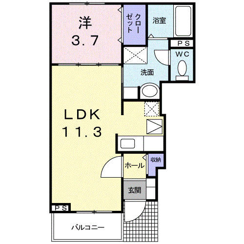 スカイフェリーチェ 1LDK・・・102号室間取・配置図
