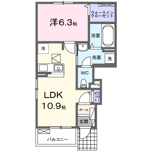 ゼファー川原崎Ⅱ　1LDK・・・101号室間取・配置図