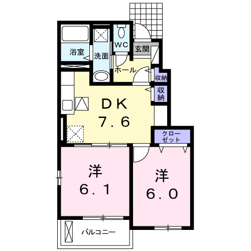 ゼファーしるく　2DK・・・104号間取・配置図