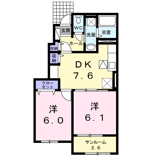 ゼファーしるく　2DK・・・102号間取・配置図