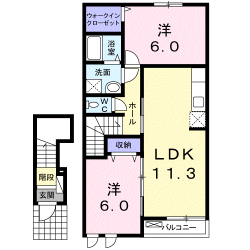 ファミール旭ヶ丘A　2LDK・・・202号室間取・配置図